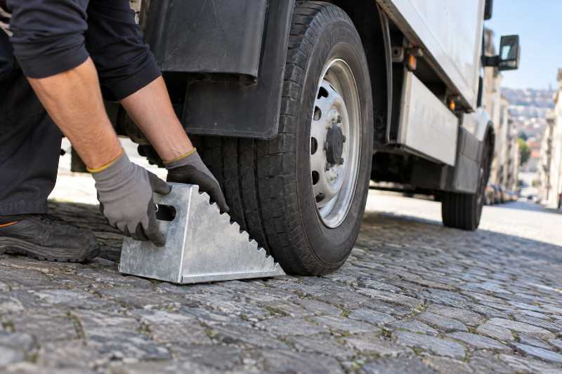Cales posées sous les roues du camion en pente, déménagement de Paris vers l'Allemagne