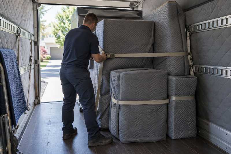 Arrimage du mobilier aux sangles dans le camion, déménagement de Paris vers Brisbane