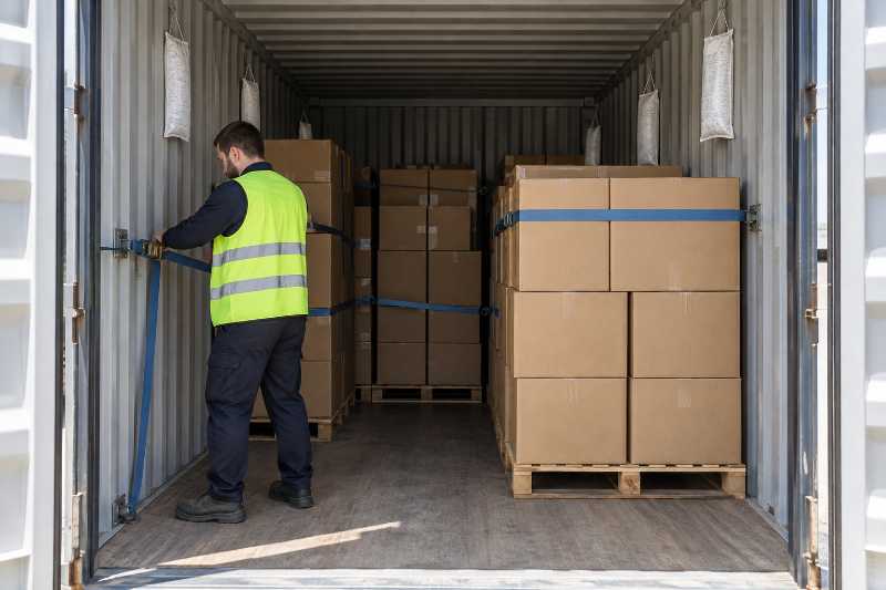 Cartons empilés sur palettes à l'intérieur d'un conteneur maritime