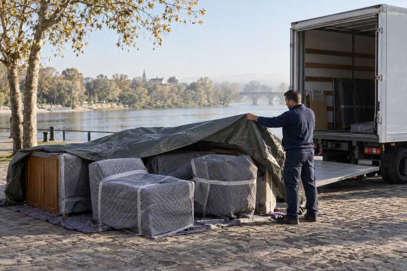 Mobilier housse maintenu sous bâche avant chargement au bord du fleuve