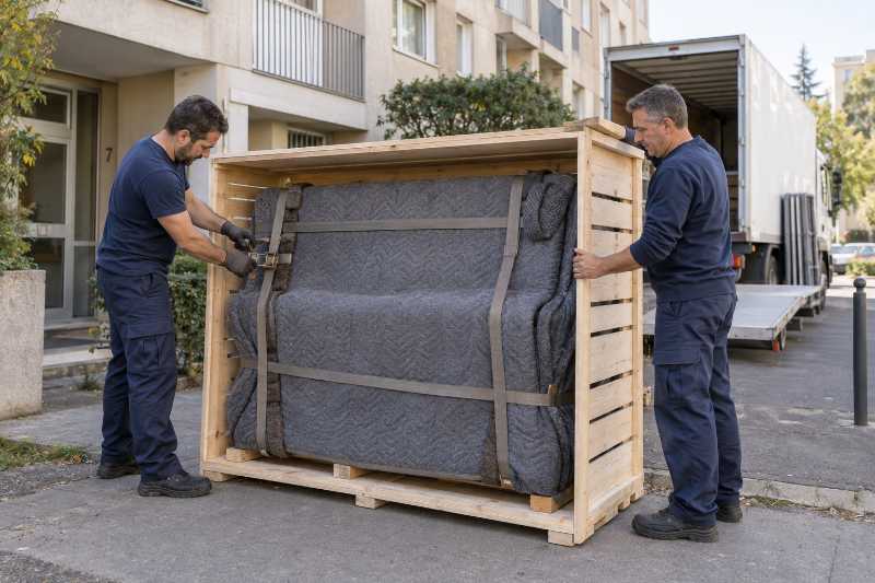Piano droit sanglé dans sa caisse en bois avant chargement pour Casablanca
