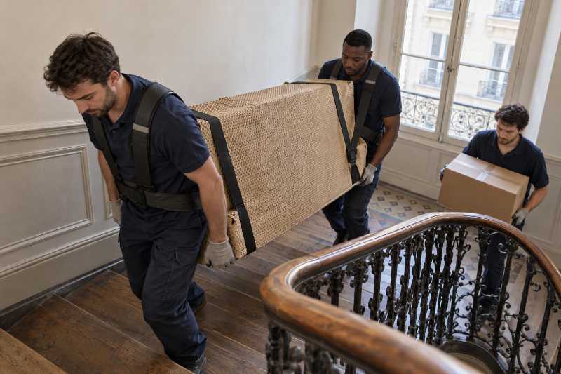 Portage de rayonnages démontés dans une cage d'escalier sans ascenseur