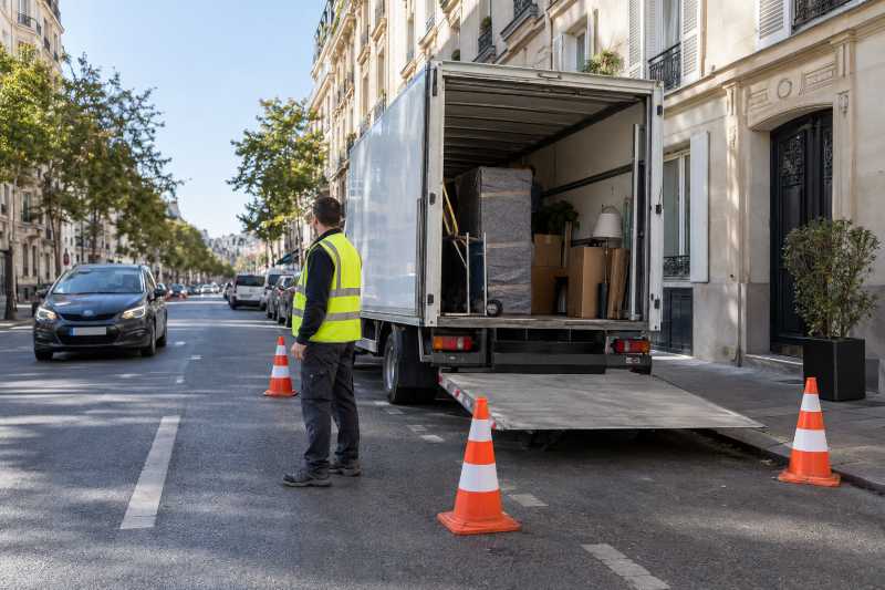 Balisage du camion par cônes de sécurité, déménagement de Paris vers Dublin