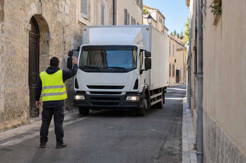 Camion guidé par un signaleur dans une rue étroite, déménagement de Paris vers les Pays-Bas