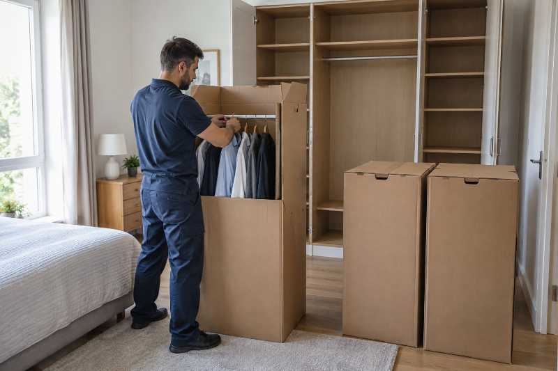 Transfert des vêtements sur cintres en carton-penderie, déménagement de Paris vers Santiago