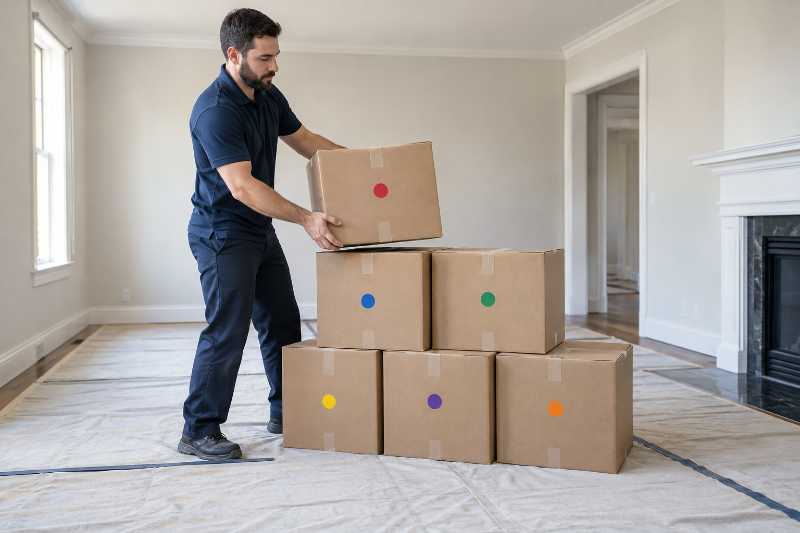 Cartons étiquetés par pièce avant chargement, déménagement de Paris vers Wellington