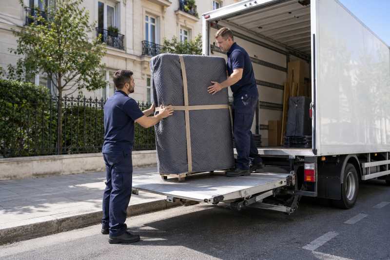 Chargement d'un meuble sur le hayon du camion, déménagement de Paris vers Wellington