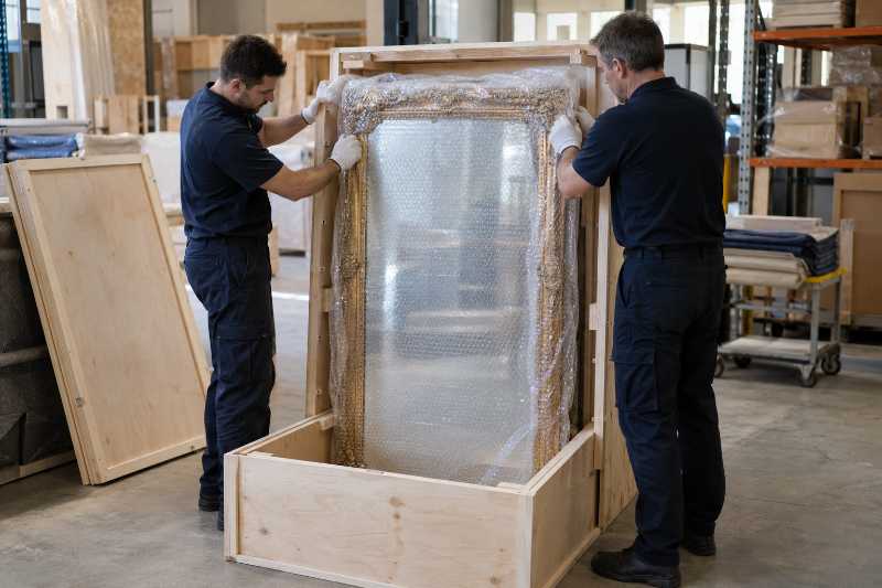 Mise en caisse d'un grand miroir maintenu debout, déménagement de Paris vers Wellington