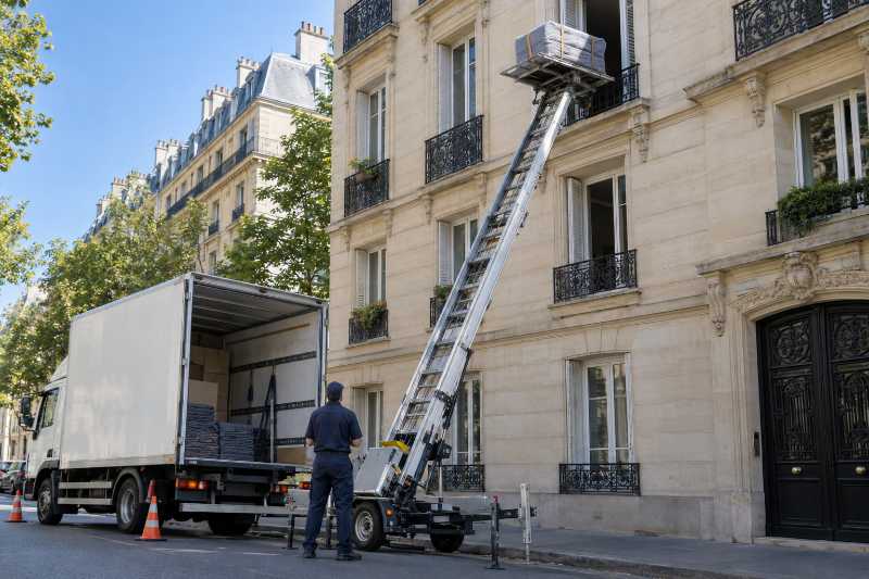 Monte-meubles déployé en façade d'immeuble, déménagement de Paris vers Wellington