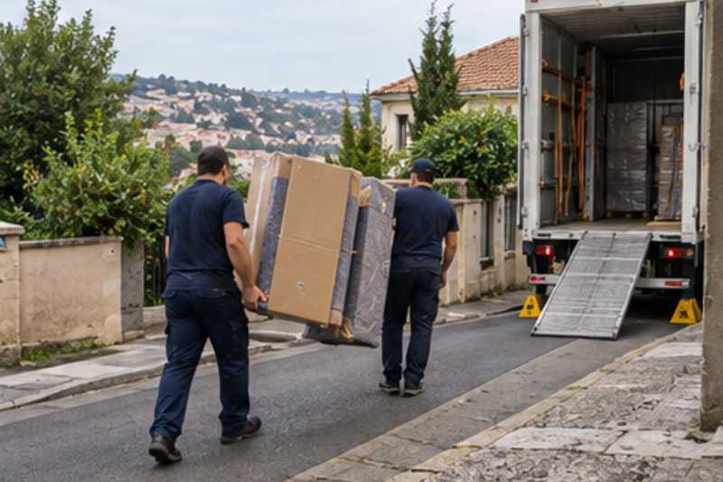 Une armoire démontée en panneaux sous carton plat et couverture épaisse, dans une rue en pente de banlieue pavillonnaire, déménagement de Paris vers l'Albanie