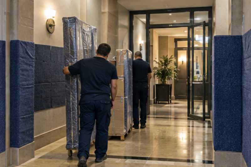 Les montants d'une bibliothèque démontée sous feutrine et film étirable, dans le hall d'une résidence aux murs protégés par des panneaux de déménagement, déménagement de Paris vers l'Albanie