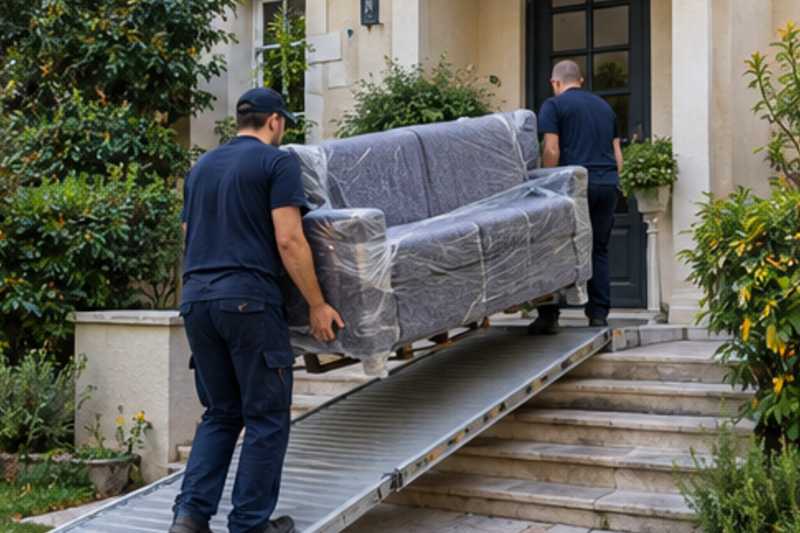 Un canapé convertible sous couvertures capitonnées et film étirable, devant l'entrée d'une maison de banlieue, déménagement de Paris vers l'Albanie
