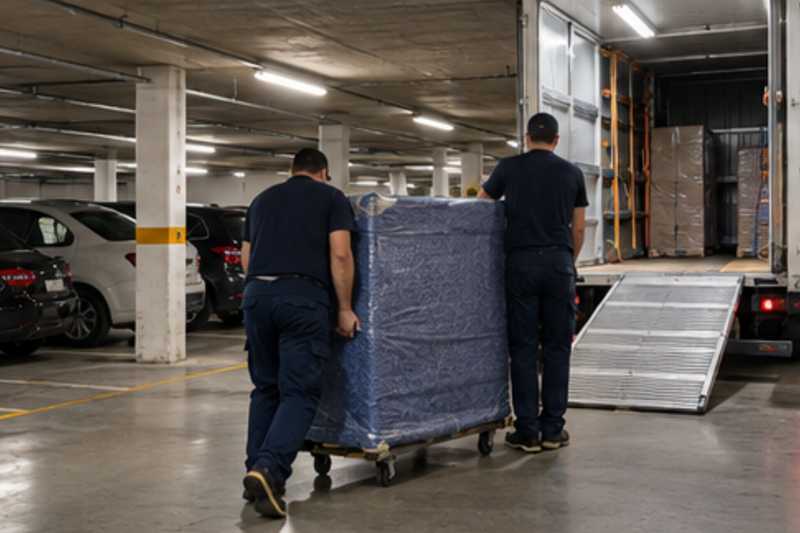 Une commode à six tiroirs sous housse zippée, dans un parking souterrain de résidence, déménagement de Paris vers l'Albanie