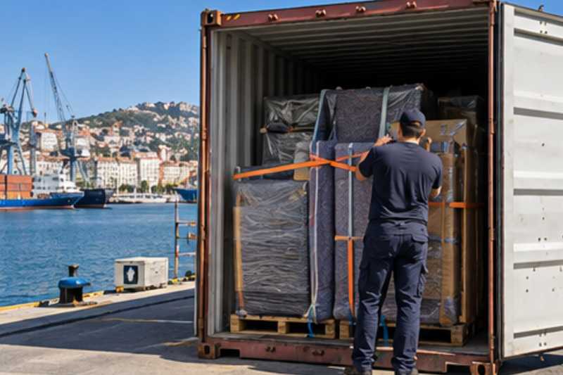 Sur le quai ensoleillé d'un port méditerranéen, déménagement de Paris vers l'Albanie