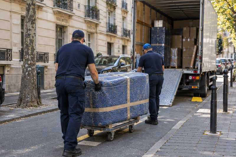Un buffet bas sous couverture de déménagement, sur le trottoir d'une rue d'Île-de-France, déménagement de Paris vers l'Andorre
