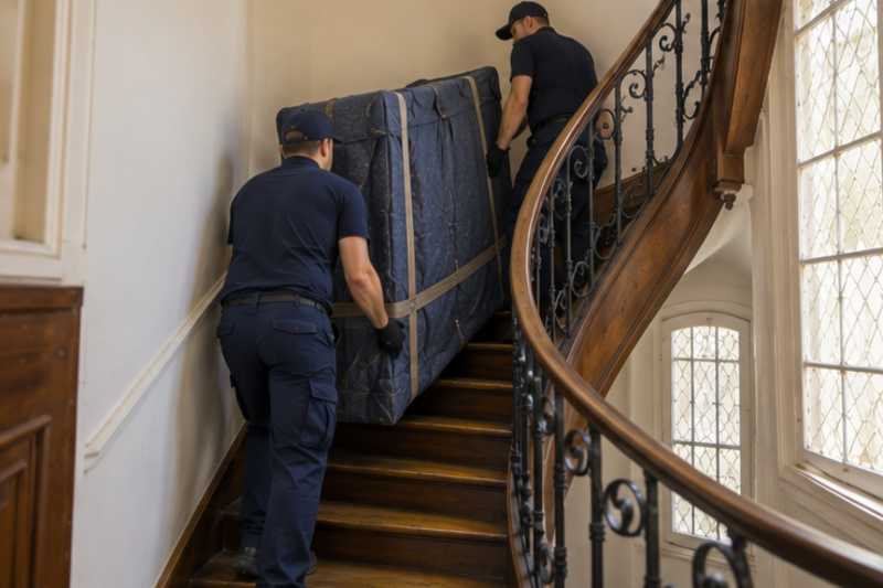 Un bureau compact sous housse zippée, dans un escalier tournant en bois d'immeuble ancien, déménagement de Paris vers l'Andorre