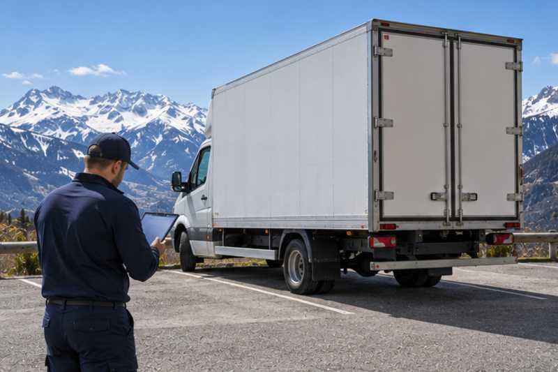 Un déménageur vérifie une liste d'inventaire sur une tablette à côté d'un camion de déménagement fermé, déménagement de Paris vers l'Andorre