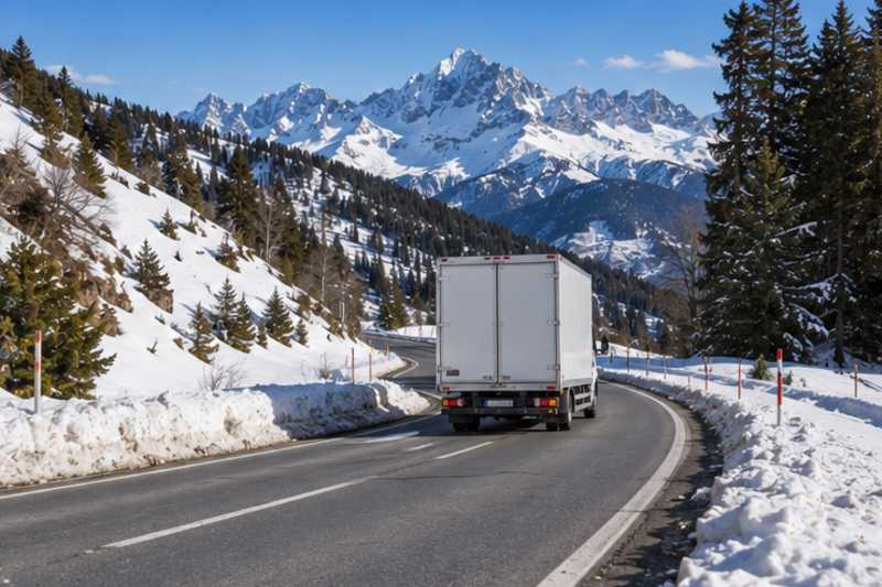 Un camion de déménagement roule sur une route de col dégagée, déménagement de Paris vers l'Andorre