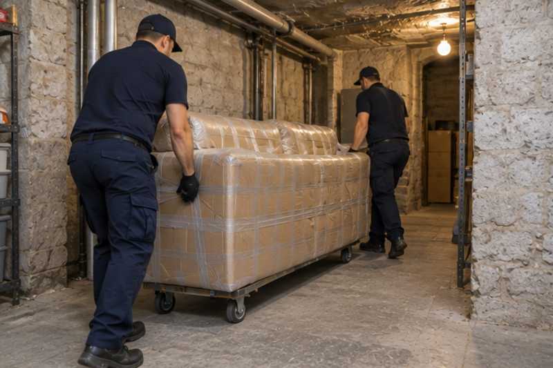 Un canapé trois places sous carton épais et ruban adhésif, dans une cave d'immeuble aux murs de pierre, déménagement de Paris vers l'Andorre