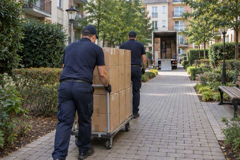 Une pile de cartons de déménagement fermés, sur une longue allée piétonne de résidence, déménagement de Paris vers l'Andorre