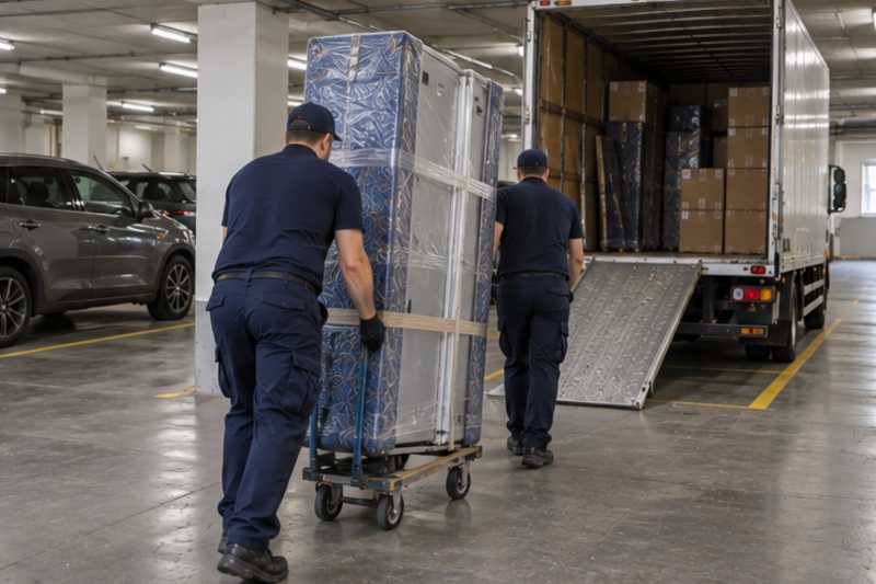 Un réfrigérateur combiné sur un diable sous feutrine et film étirable, dans un parking souterrain de résidence, déménagement de Paris vers l'Andorre