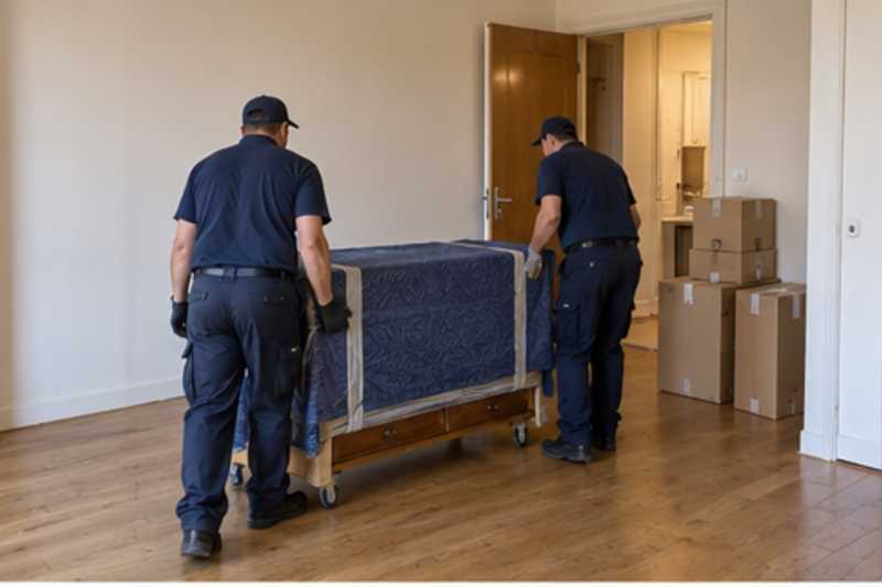 Un buffet bas sous couverture de déménagement, dans un appartement presque vide, déménagement de Paris vers l'Arménie