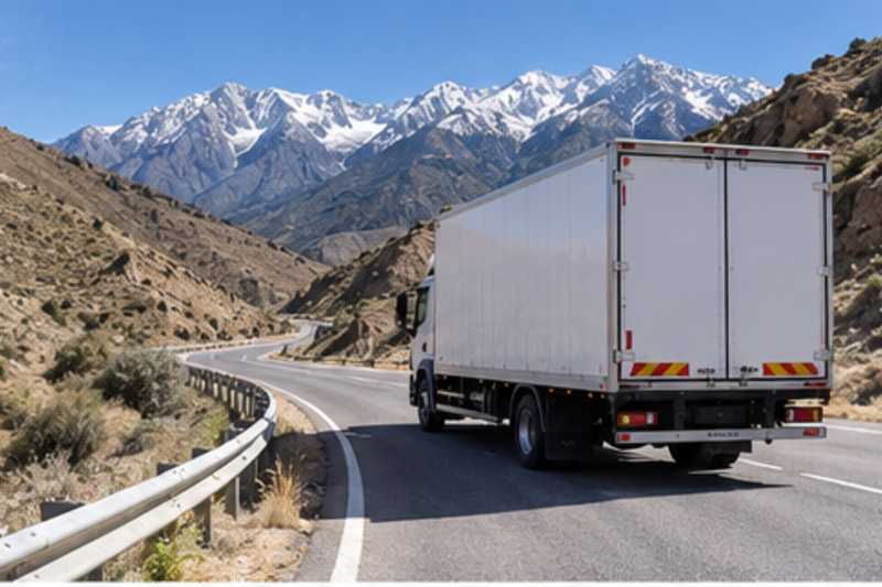 Un camion de déménagement roule sur une route de montagne sèche aux pentes arides, déménagement de Paris vers l'Arménie