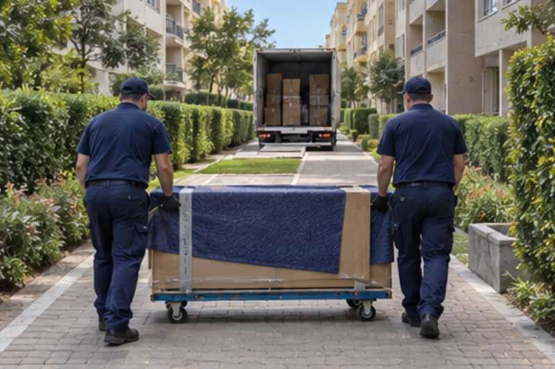 Un meuble TV bas sous carton plat et couverture épaisse, sur une longue allée piétonne de résidence, déménagement de Paris vers l'Arménie