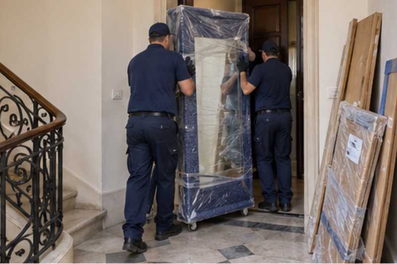 Un grand miroir encadré tenu debout sous couvertures capitonnées et film étirable, sur un palier d'appartement près d'une porte étroite, déménagement de Paris vers l'Arménie