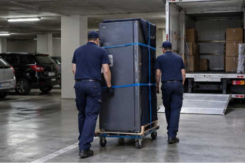 Un réfrigérateur combiné sur un diable sous housse zippée, dans un parking souterrain de résidence, déménagement de Paris vers l'Arménie