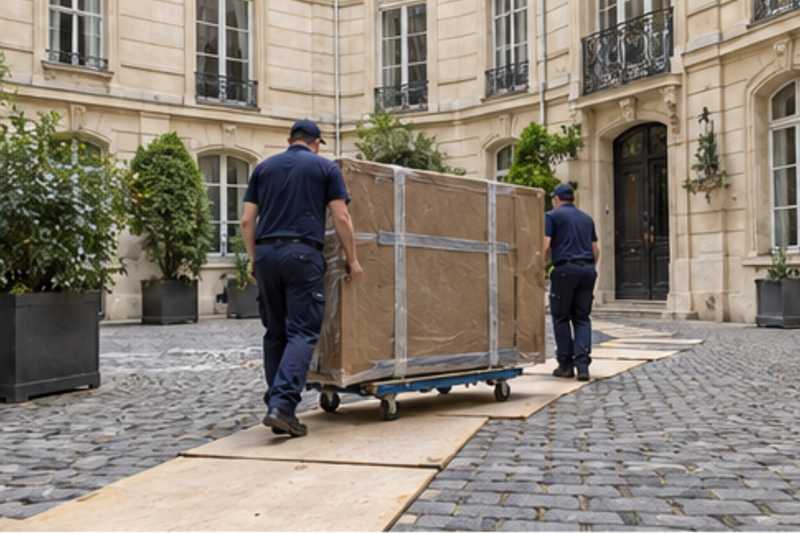 Un sommier double sous carton épais et ruban adhésif, dans la cour pavée d'un immeuble ancien d'Île-de-France, déménagement de Paris vers l'Arménie