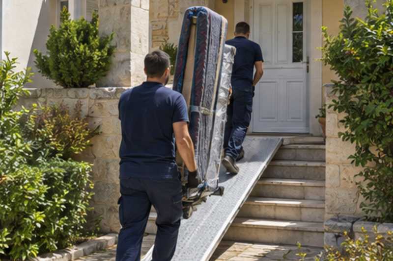 Les montants d'une bibliothèque démontée sous couvertures capitonnées et film étirable, devant l'entrée d'une maison de banlieue, déménagement de Paris vers l'Azerbaïdjan