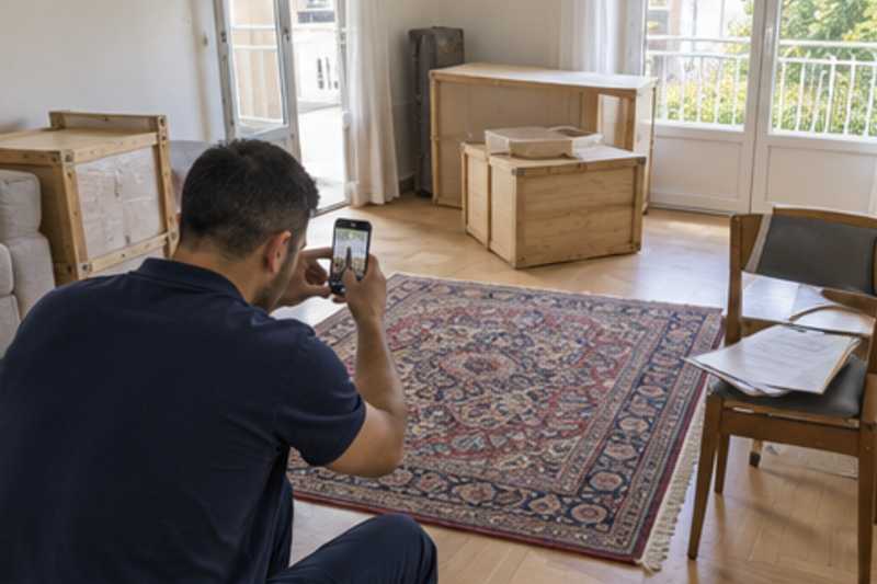 Un déménageur photographie un tapis déroulé au sol dans un appartement clair, déménagement de Paris vers l'Azerbaïdjan