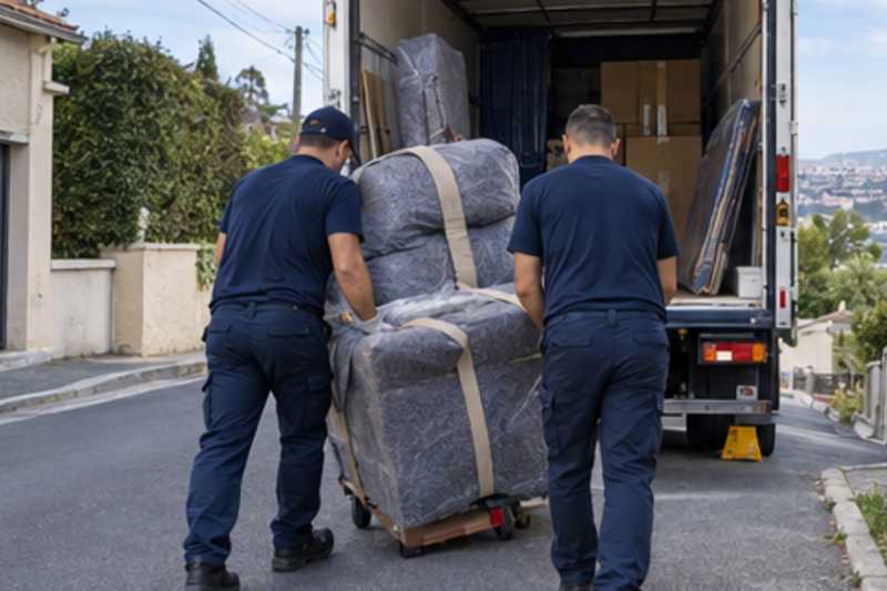Un fauteuil releveur sous couverture de déménagement, dans une rue en pente de banlieue pavillonnaire, déménagement de Paris vers l'Azerbaïdjan