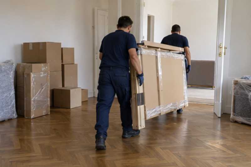 Les éléments d'un lit double démonté sous carton épais et ruban adhésif, dans un appartement presque vide, déménagement de Paris vers l'Azerbaïdjan