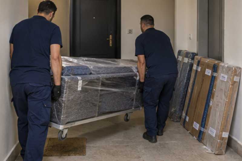 Un meuble TV bas sous feutrine et film étirable, sur un palier d'appartement près d'une porte étroite, déménagement de Paris vers l'Azerbaïdjan