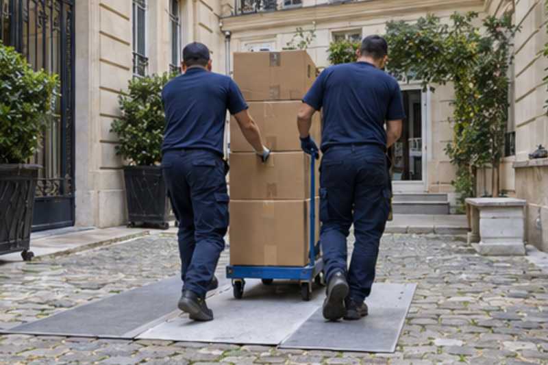 Une pile de cartons de déménagement fermés, dans la cour pavée d'un immeuble ancien d'Île-de-France, déménagement de Paris vers l'Azerbaïdjan