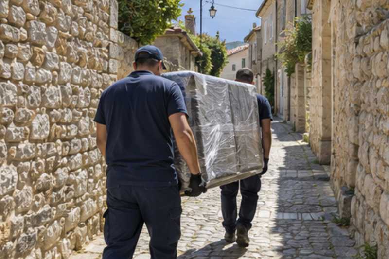 Deux déménageurs portent un meuble emballé le long d'une ruelle étroite pavée, déménagement de Paris vers l'Azerbaïdjan