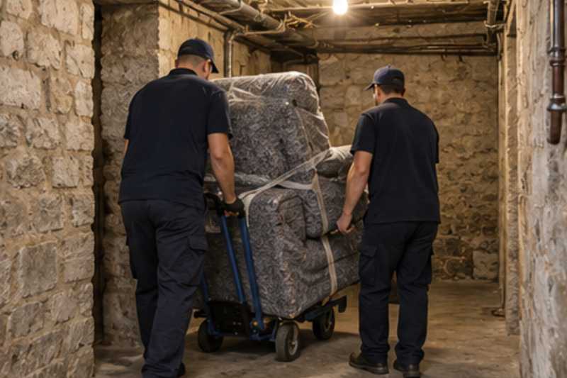 Un fauteuil releveur sous couverture de déménagement, dans une cave d'immeuble aux murs de pierre, déménagement de Paris vers la Biélorussie
