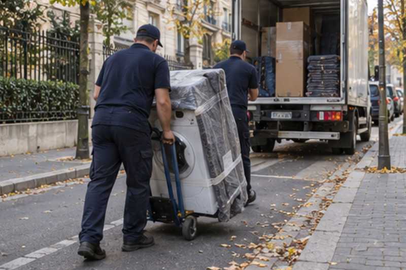 Un lave-linge sur un diable sous couverture de déménagement, sur le trottoir d'une rue d'Île-de-France, déménagement de Paris vers la Biélorussie