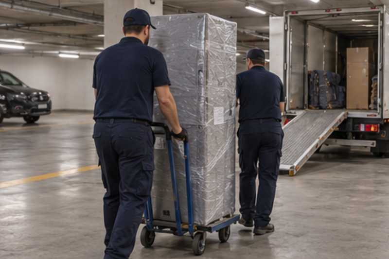 Un réfrigérateur combiné sur un diable sous feutrine et film étirable, dans un parking souterrain de résidence, déménagement de Paris vers la Biélorussie