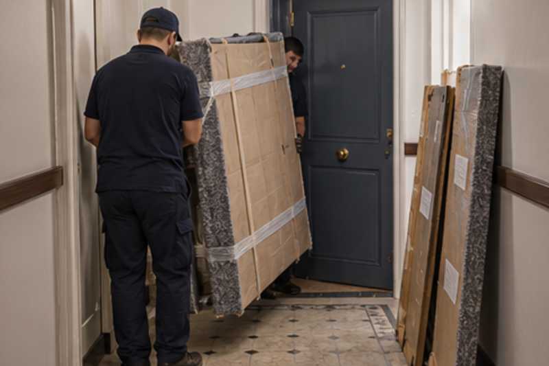 Un sommier double sous carton plat et couverture épaisse, sur un palier d'appartement près d'une porte étroite, déménagement de Paris vers la Biélorussie