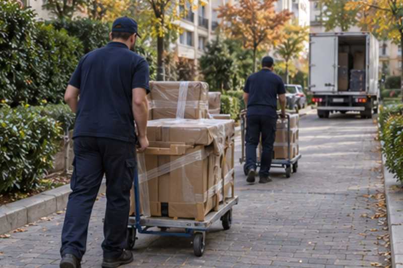Une table et des chaises sous carton épais et ruban adhésif, sur une longue allée piétonne de résidence, déménagement de Paris vers la Biélorussie