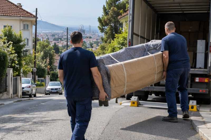 Un canapé trois places sous carton plat et couverture épaisse, dans une rue en pente de banlieue pavillonnaire, déménagement de Paris vers la Birmanie