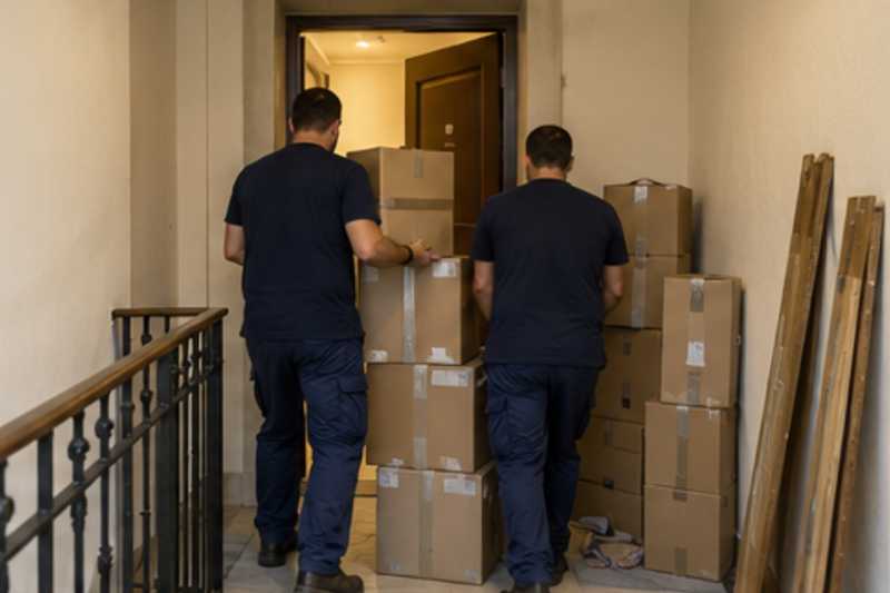 Une pile de cartons de déménagement fermés, sur un palier d'appartement près d'une porte étroite, déménagement de Paris vers la Birmanie