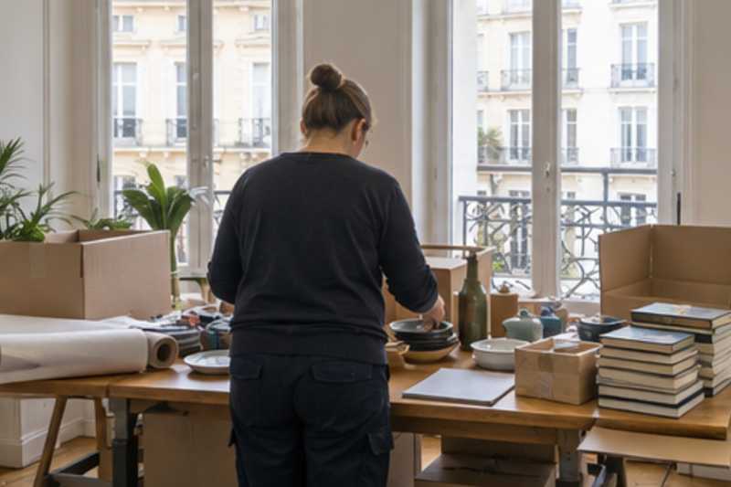 Une personne de dos trie des objets sur une table avant emballage, déménagement de Paris vers la Birmanie