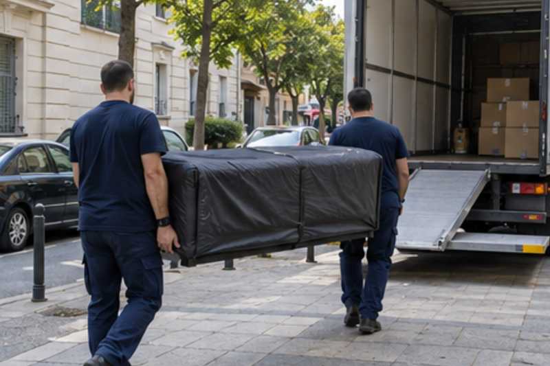 Un meuble TV bas sous housse zippée, sur le trottoir d'une rue d'Île-de-France, déménagement de Paris vers la Birmanie