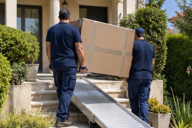 Un grand téléviseur écran plat sous carton épais et ruban adhésif, devant l'entrée d'une maison de banlieue, déménagement de Paris vers la Birmanie