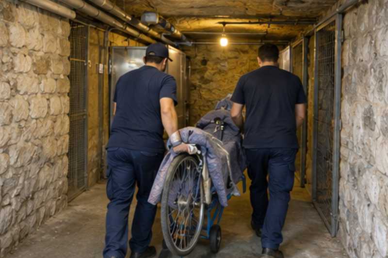 Un vélo de ville sous couverture de déménagement, dans une cave d'immeuble aux murs de pierre, déménagement de Paris vers la Birmanie