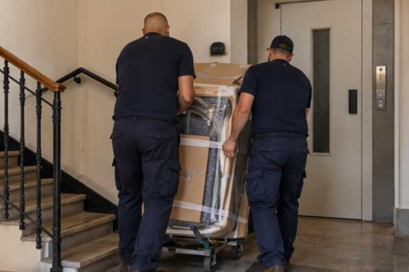 Un lave-linge sur un diable sous carton plat et couverture épaisse, dans une cage d'escalier d'immeuble, déménagement de Paris vers la Bosnie-Herzégovine